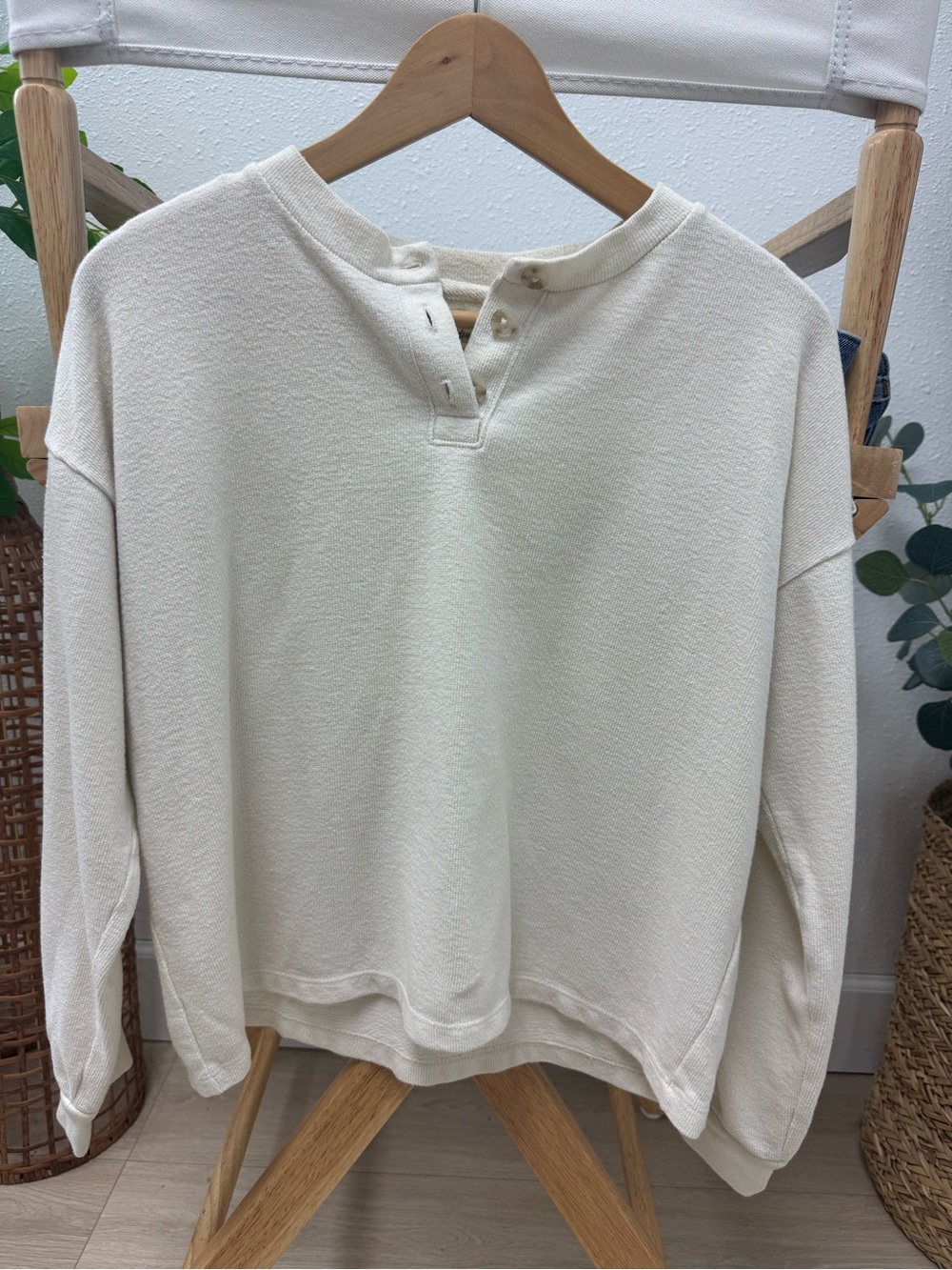 Madewell Cream Henley-Style Crewneck Sweater